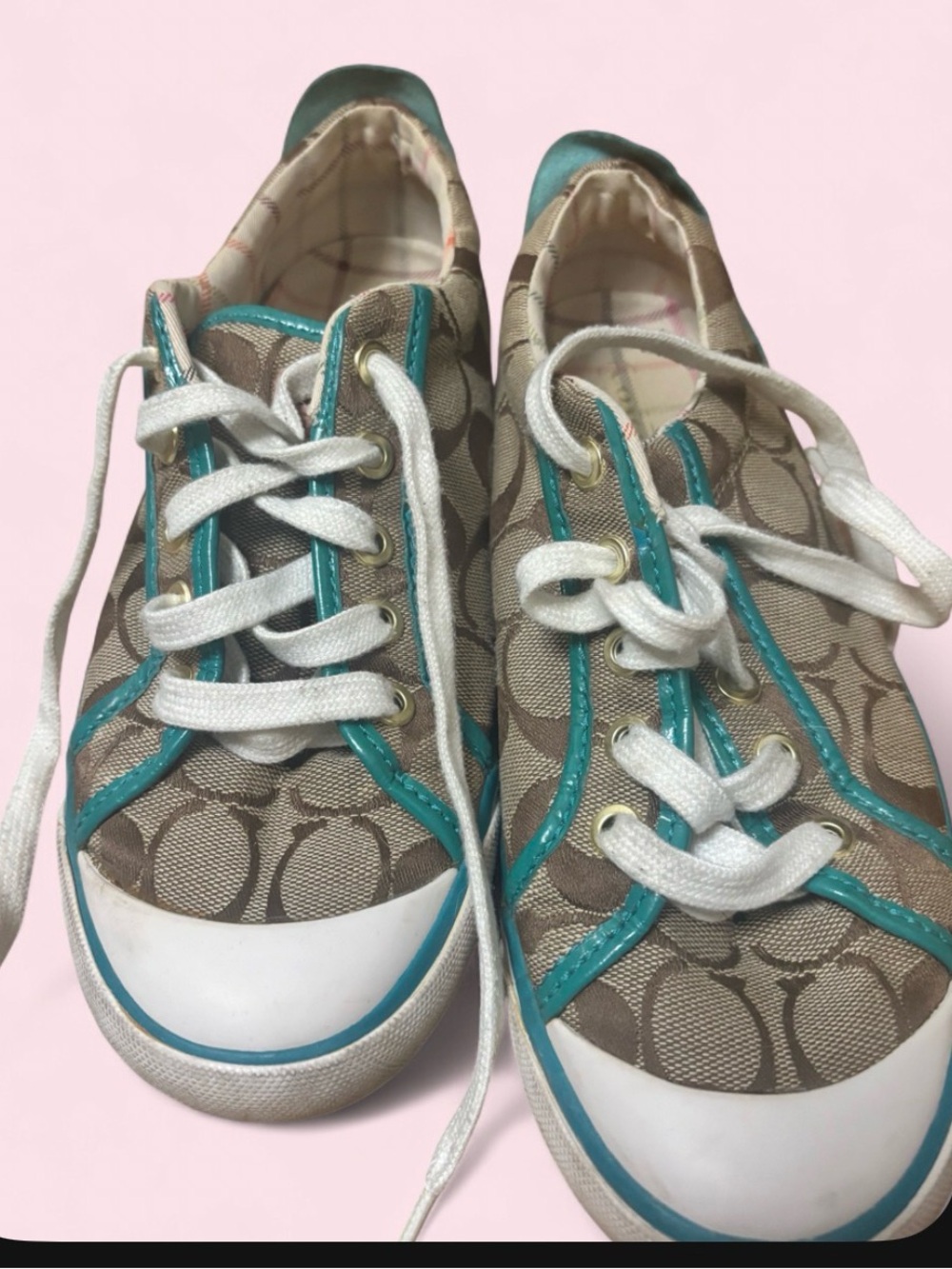 Coach woman tope/brown Signature Canvas Sneakers with Teal Trim